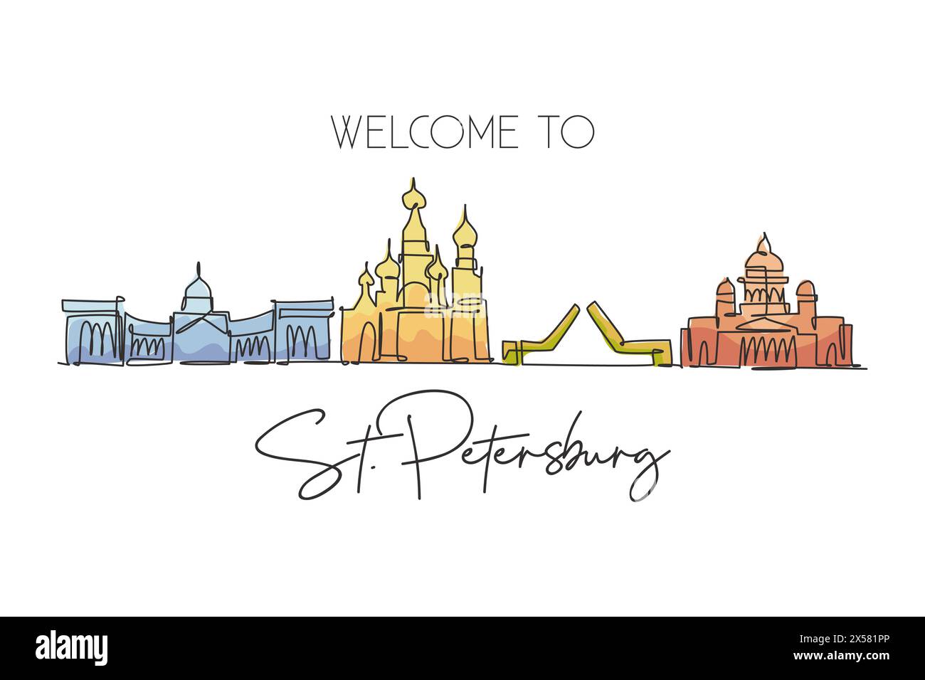 Eine durchgehende Linienzeichnung der Skyline von St. Petersburg, Russland. Wunderschönes Wahrzeichen. Weltlandschaftstourismus und Reiseurlaub. Editierbar elegant Stock Vektor