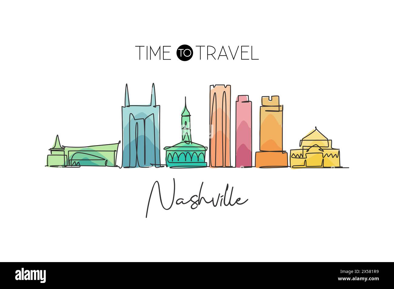 Eine durchgehende Linie, die die Skyline von Nashville, Tennessee, einzeichnet. Wunderschönes Wahrzeichen. Poster Weltlandschaftstourismus Reise Urlaub. Bearbeitbares, elegantes ST Stock Vektor