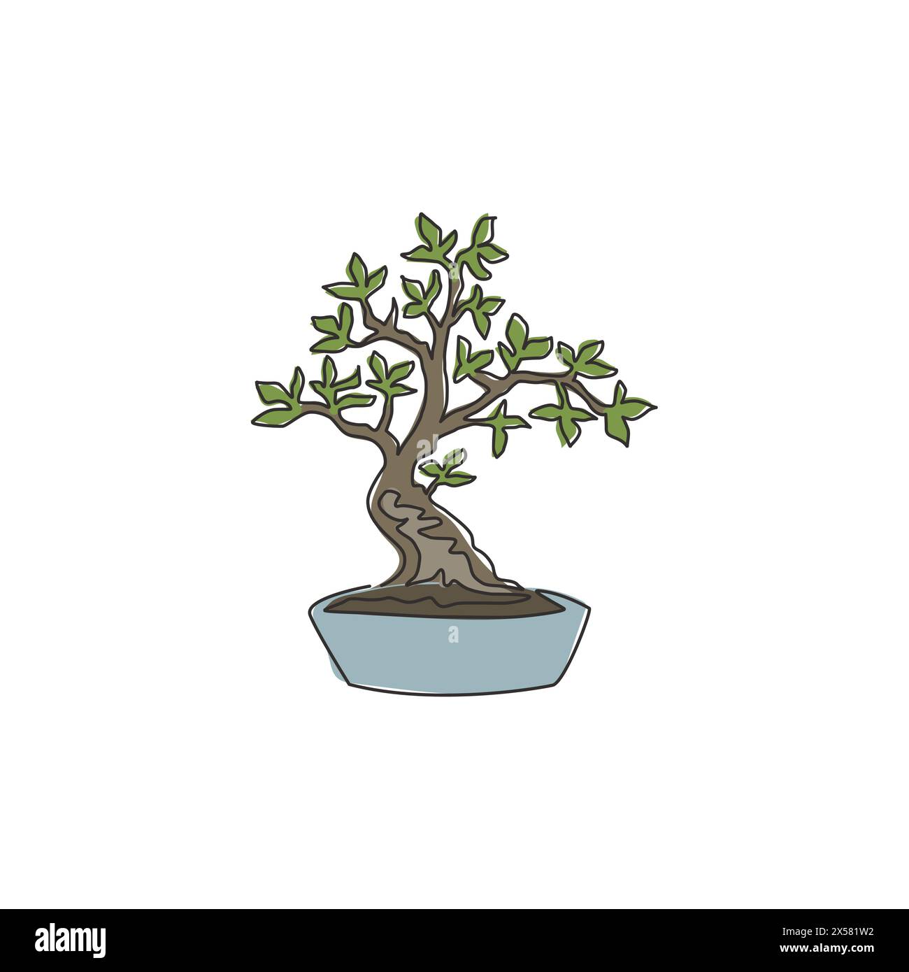 Eine durchgehende Linie mit Schönheit und exotischem Bonsai-Baum für Wohnwand-Dekor-Poster. Dekorative, antike Bonsaipflanze für den Pflanzenladen Stock Vektor
