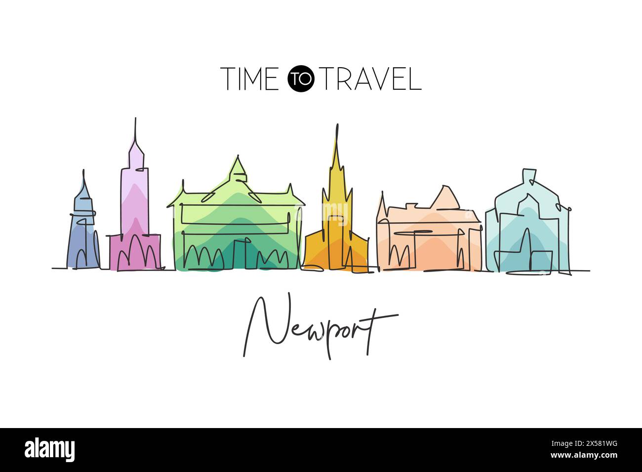 Einzelne durchgehende Linienzeichnung der Skyline von Newport, Wales. Berühmte Stadt und Landschaft in der Welt. World Travel Concept Art. Bearbeitbarer STRO Stock Vektor