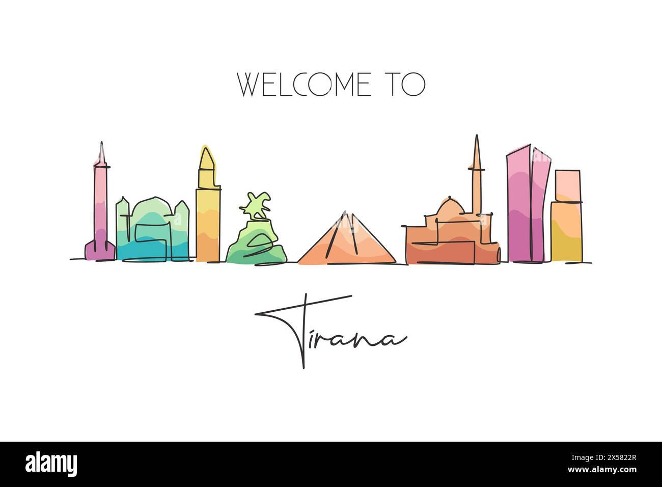 Eine durchgehende Linienzeichnung der Skyline von Tirana, Albanien. Wunderschönes Wahrzeichen. Poster für Weltlandschaftstourismus und Reiseurlaub. Editierbar elegant Stock Vektor