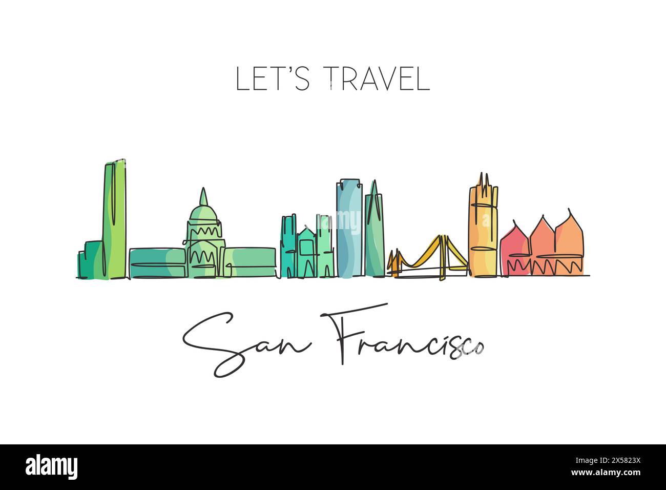 Eine einzeilige Zeichnung der Skyline von San Francisco, USA. Historische Stadtlandschaft der Welt. Das beste Urlaubsziel ist ein Poster mit Wanddekoration. Trendig Stock Vektor