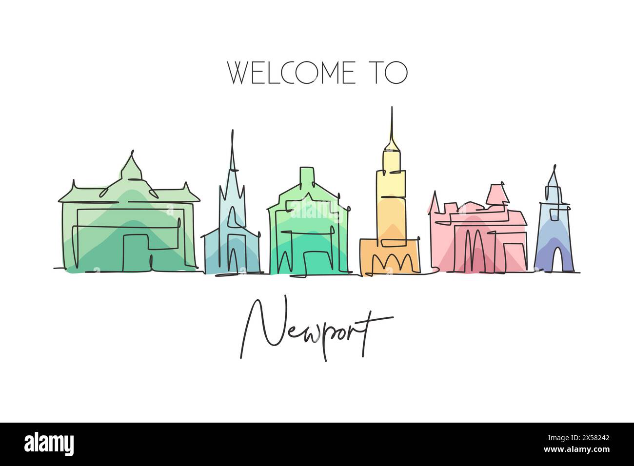 Eine einzeilige Zeichnung der Skyline von Newport, Wales. Historische Stadtlandschaft. Bestes Urlaubsziel Haus Wanddekoration Posterdruck Kunst. Trendiges c Stock Vektor