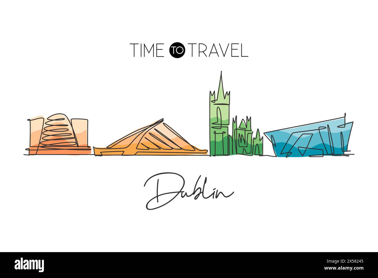 Einzelne durchgehende Linienzeichnung der Skyline von Dublin, Republik Irland. Berühmte Landschaft. World Travel Concept Wohnwand Dekor Posterdruck Kunst. M Stock Vektor