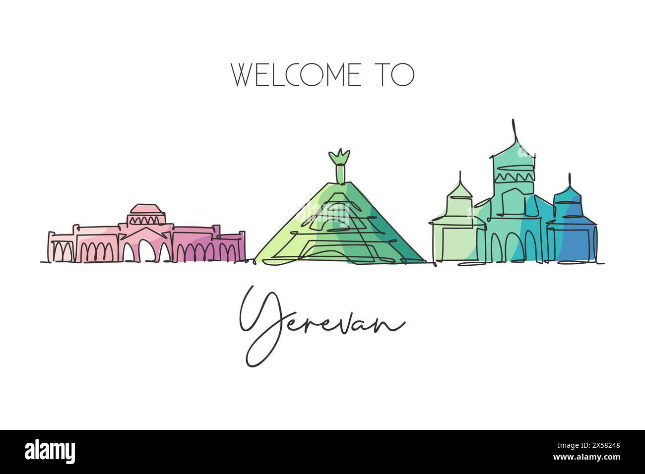 Eine durchgehende Linienzeichnung der Skyline von Jerewan, Armenien. Wunderschönes Wahrzeichen. Weltlandschaftstourismus Reise Urlaub Poster. Bearbeitbar, stilvoll, STR Stock Vektor