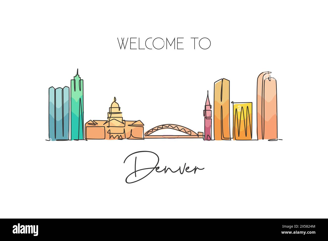 Einzelne durchgehende Linienzeichnung der Skyline von Denver, USA. Berühmte Stadt und Landschaft. World Travel Concept, Wohnkultur, Poster mit Wandmalerei. Stock Vektor