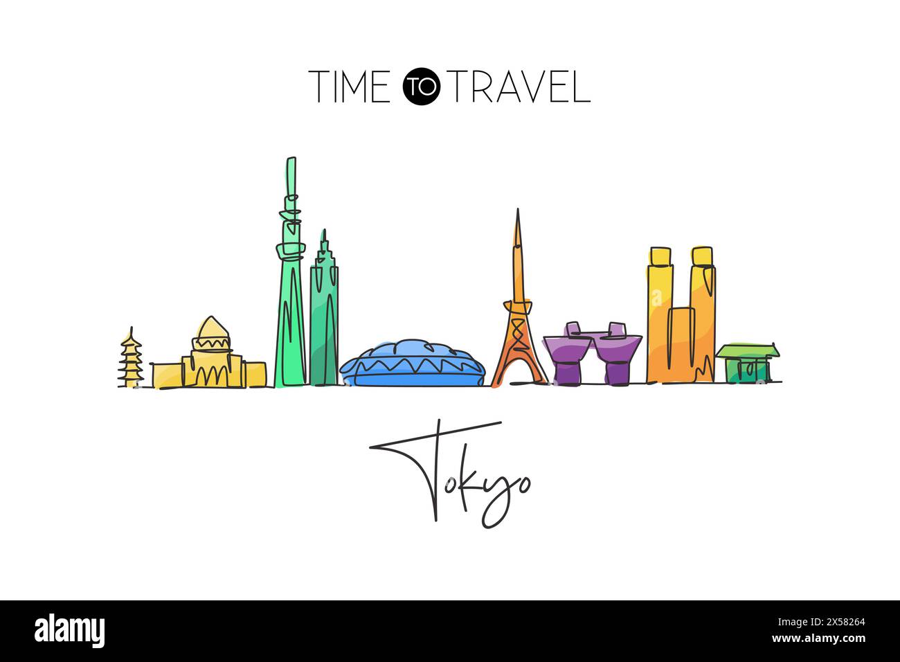 Einzelne durchgehende Linienzeichnung der Skyline von Tokio, Japan. Berühmte Stadt und Landschaft. World Travel Concept Wohnwand Dekor Posterdruck Kunst. Stock Vektor