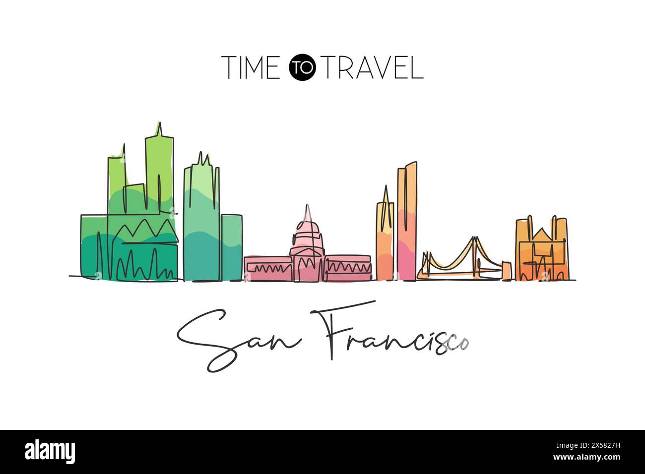 Einzelne durchgehende Linienzeichnung der Skyline von San Francisco, USA. Berühmte Landschaft. World Travel Concept, Wohnkultur, Wanddekor, Posterdruck. Stock Vektor