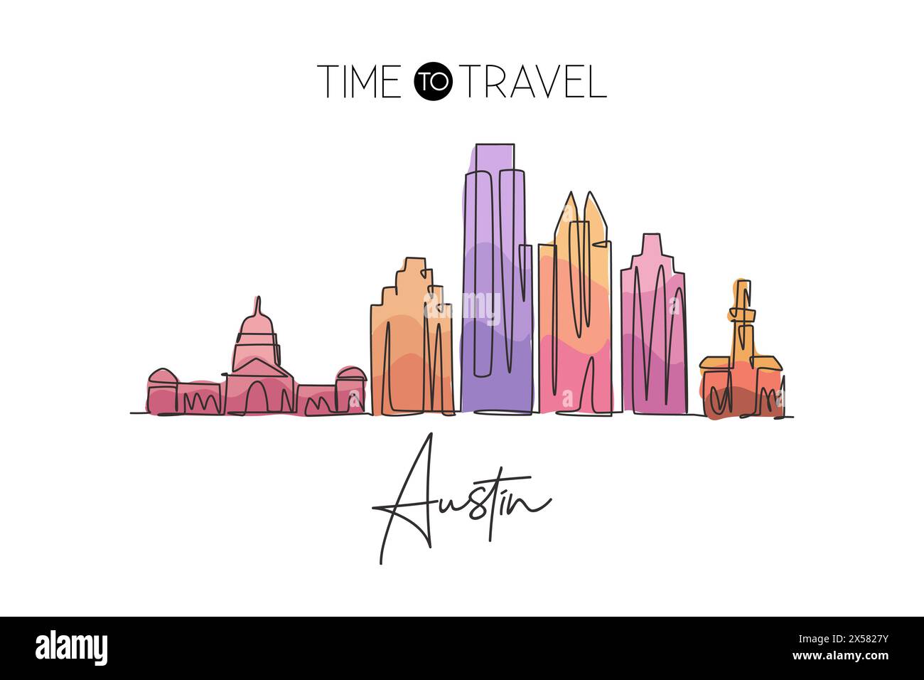 Einzelne durchgehende Linienzeichnung der Skyline von Austin, USA. Berühmte Stadt und Landschaft. World Travel Concept, Wohnkultur, Poster mit Wandmalerei. Stock Vektor