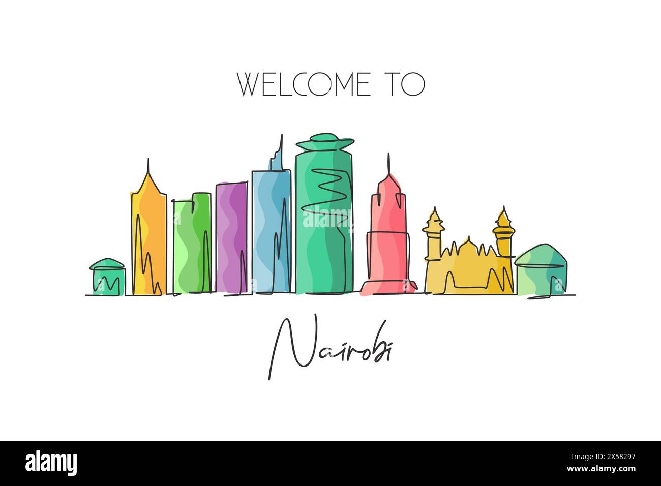 Einzelne durchgehende Linienzeichnung der Skyline von Nairobi, Kenia. Berühmter Stadtschaber und Landschaftshaus Wandkunst Posterdruck. World Travel Containment Stock Vektor