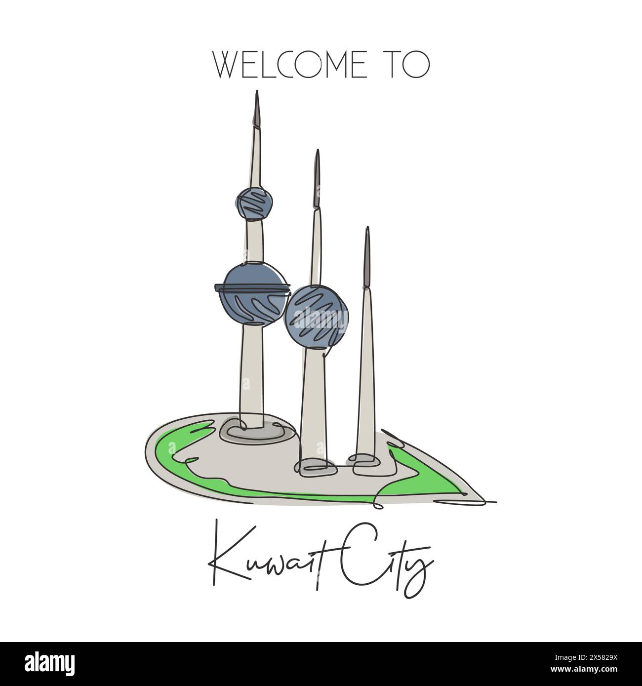Eine einzelne Linie zeichnet das Wahrzeichen der Kuwait Towers. Weltberühmtes ikonisches Gebäude in Kuwait City. Tourismus Reise Postkarte Wanddekor Poster Konzept. Modern Stock Vektor