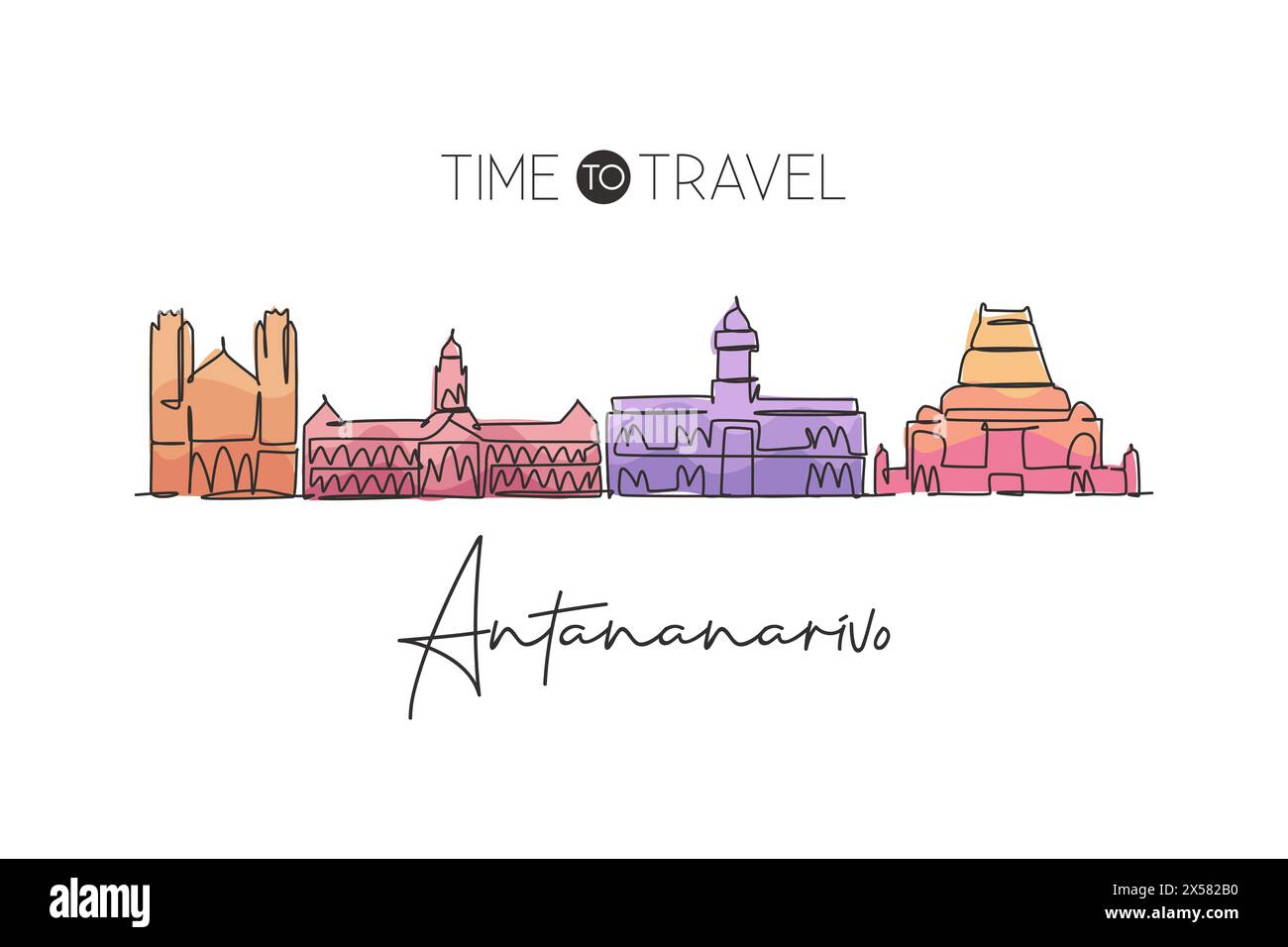 Eine einzelne Linie zeichnet die Skyline von Antananarivo, Madagaskar. Postkarte der historischen Landschaft. Poster mit Wanddekor für das beste Urlaubsziel. Trendig Stock Vektor