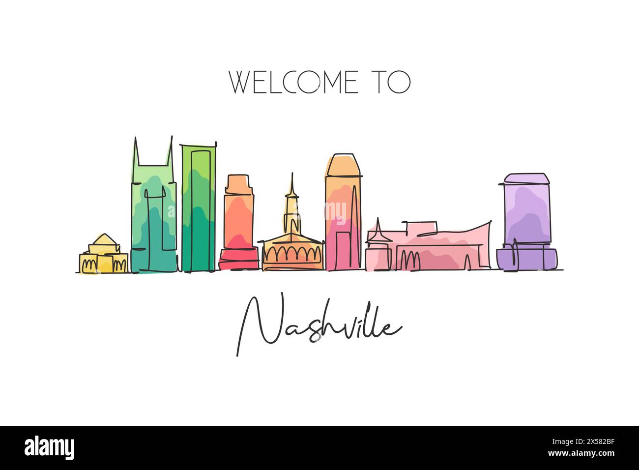 Einzelne durchgehende Linienzeichnung der Skyline von Nashville, Tennessee. Berühmte Stadt-Kratzer-Landschaft. World Travel Concept Poster mit Innenwand. Stock Vektor