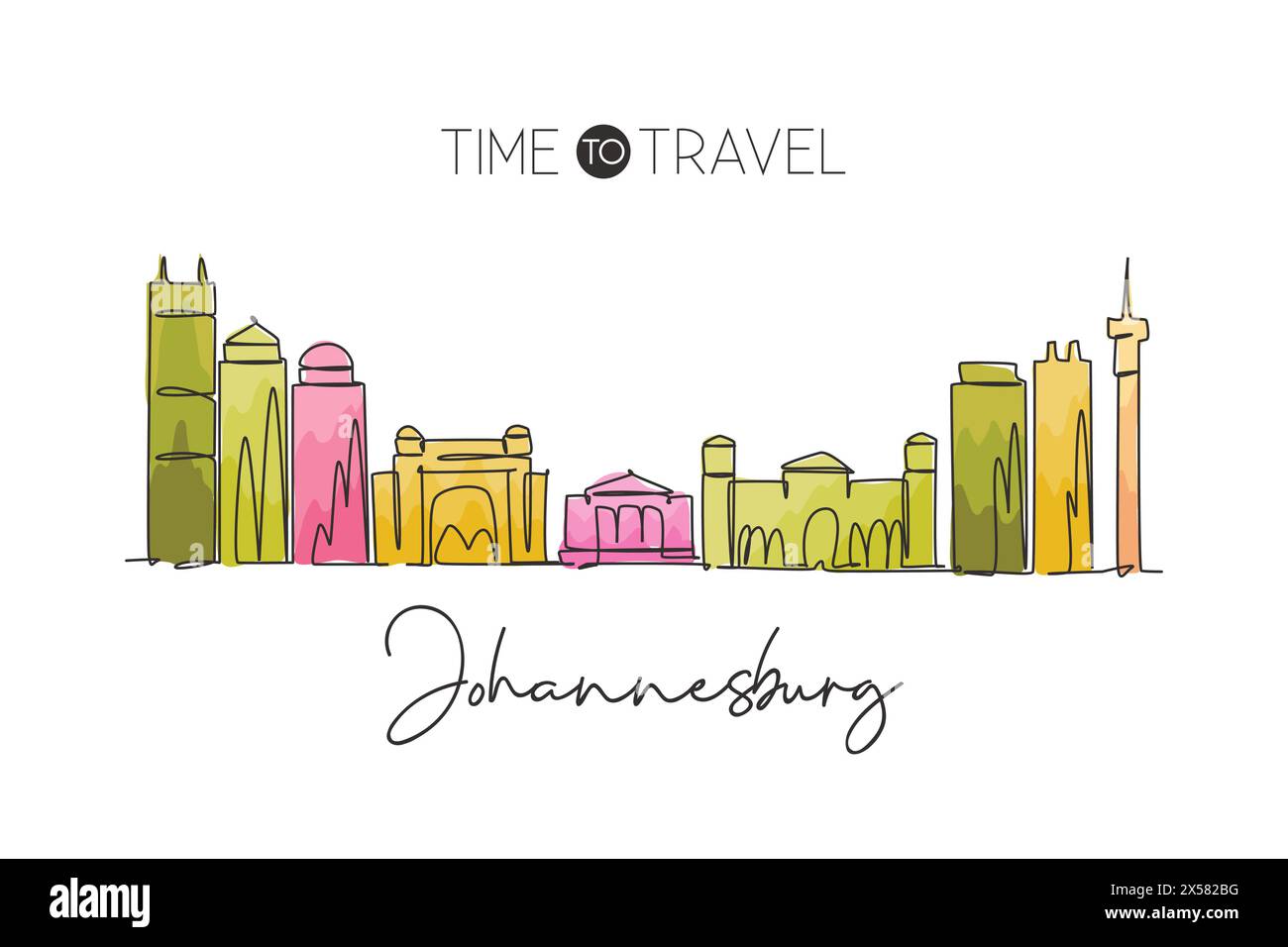 Eine einzelne Linie zeichnet die Skyline von Johannesburg, Südafrika. Postkarte der historischen Landschaft. Bestes Urlaubsziel. Editierbarer Strich trendy Stock Vektor