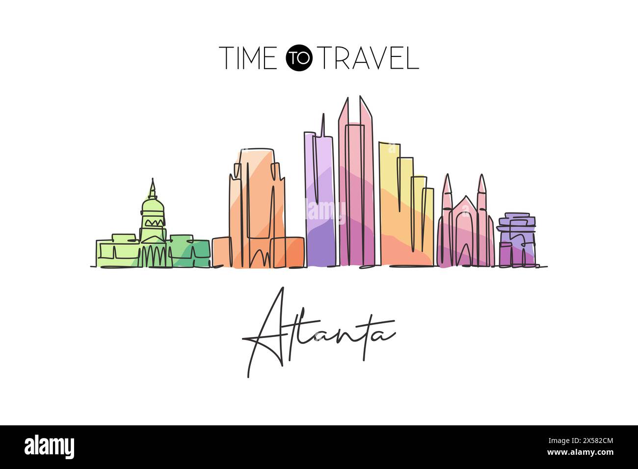 Eine durchgehende Linienzeichnung der Skyline von Atlanta, USA. Wunderschönes Wahrzeichen. Welt Landschaft Tourismus Reise Urlaub Poster Druck Wand Dekor Kunst. Stall Stock Vektor