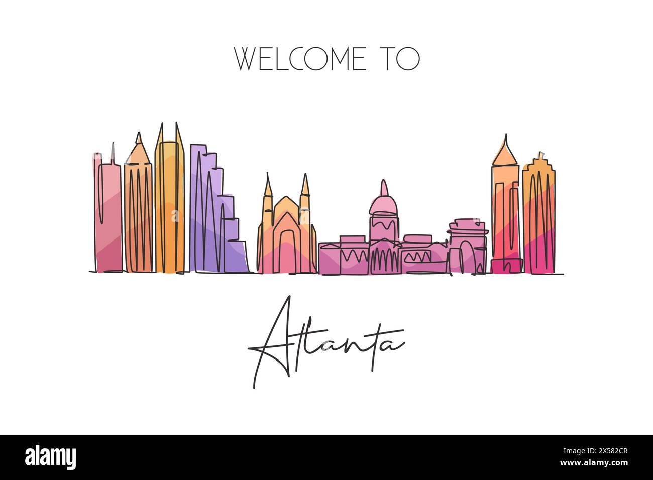 Eine einzeilige Zeichnung der Skyline von Atlanta, USA. Historische Stadtlandschaft. Bestes Urlaubsziel Wanddekor Poster-Motiv. Trend Stock Vektor