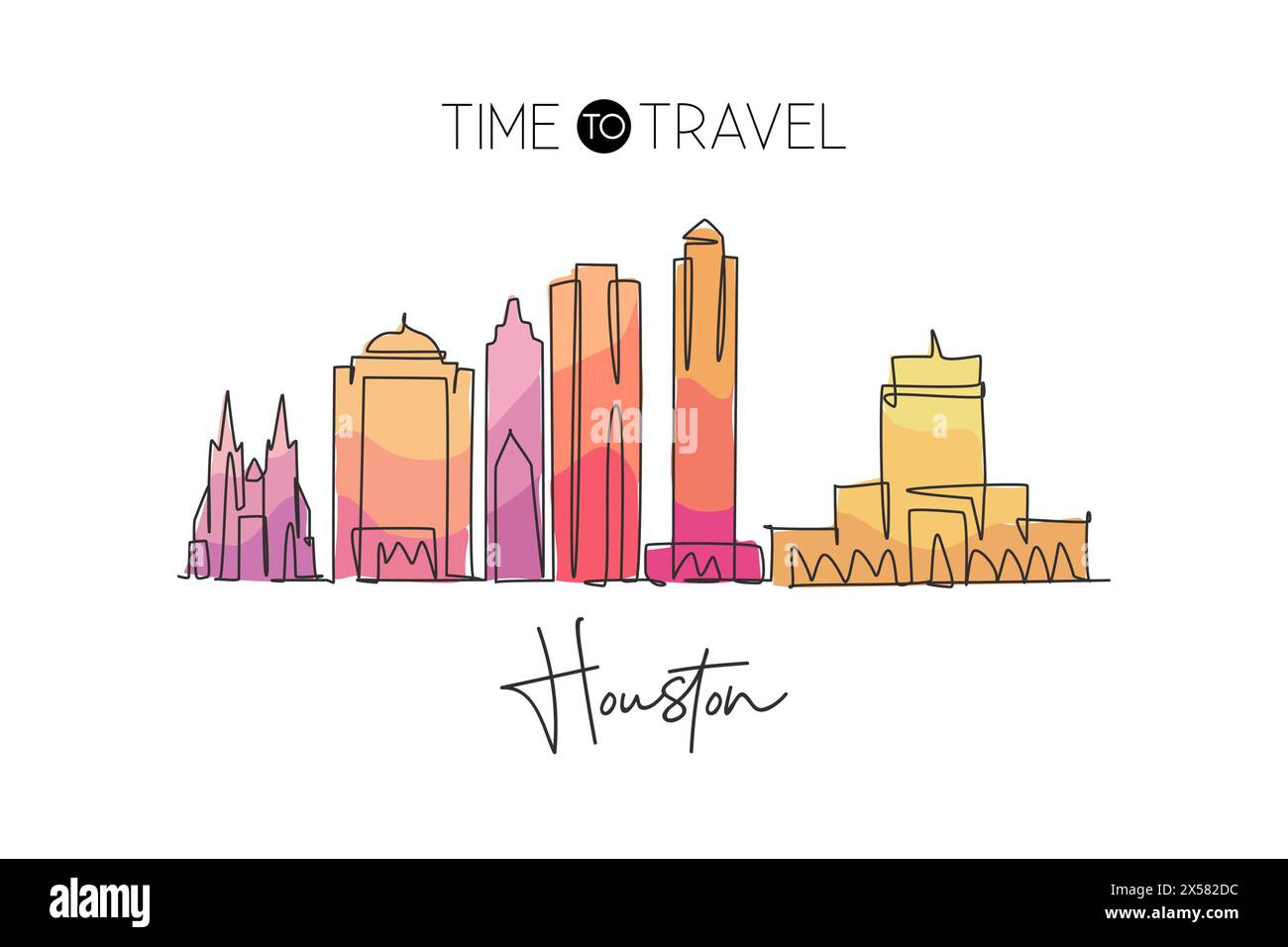 Einzelne durchgehende Linienzeichnung der Skyline von Houston, USA. Berühmte Stadt und Landschaft. World Travel Concept Wohnwand Dekor Posterdruck Kunst. Stock Vektor