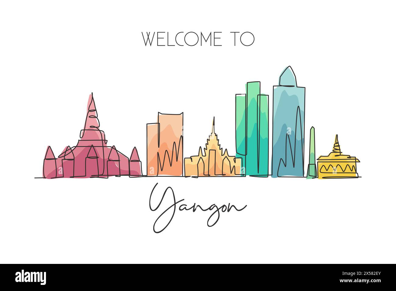 Eine einzeilige Zeichnung der Skyline von Yangon, Myanmar. Historische Stadtlandschaft der Welt. Poster zum besten Urlaubsziel. Editierbarer Hub tren Stock Vektor