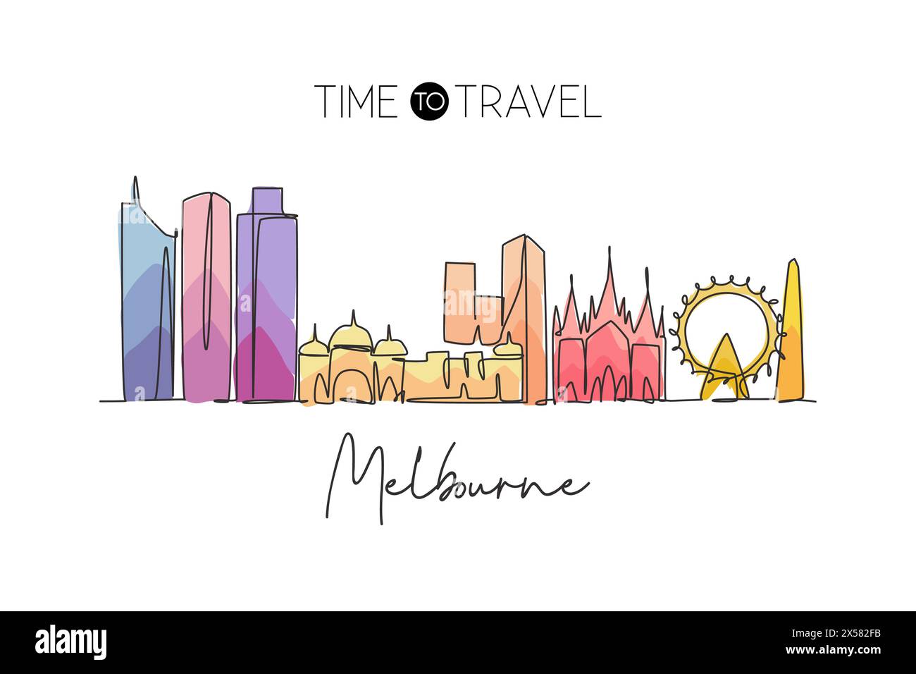 Einzelne durchgehende Linienzeichnung der Skyline von Melbourne, Australien. Berühmte Stadtlandschaft. World Travel Concept, Wohnwand, Postermotiv. Mod Stock Vektor