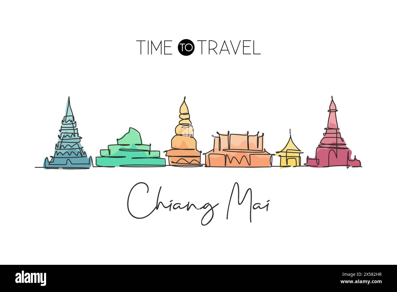 Eine durchgehende Linie zeichnet die Skyline der Stadt Chiang Mai in Thailand. Wunderschönes Wahrzeichen. Weltlandschaftstourismus Reise Urlaub Poster. Bearbeitbare, elegante Stk Stock Vektor