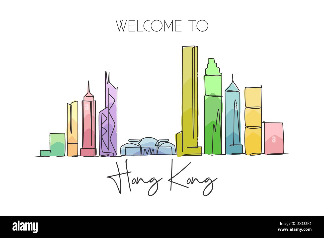 Eine einzeilige Zeichnung der Skyline der Stadt Hongkong, China. Historische Stadtlandschaft mit Wanddekor und Postermotiv. Bestes Urlaubsziel. Trendig Stock Vektor