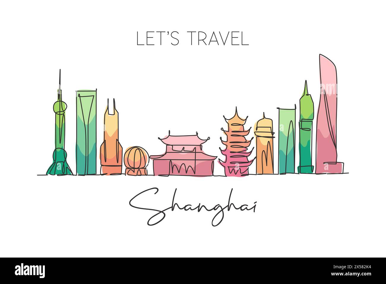 Eine einzeilige Zeichnung der Skyline der Stadt Shanghai, China. Historische Stadtlandschaft der Welt. Bestes Urlaubsziel. Editierbarer Strich trendiger Continuo Stock Vektor