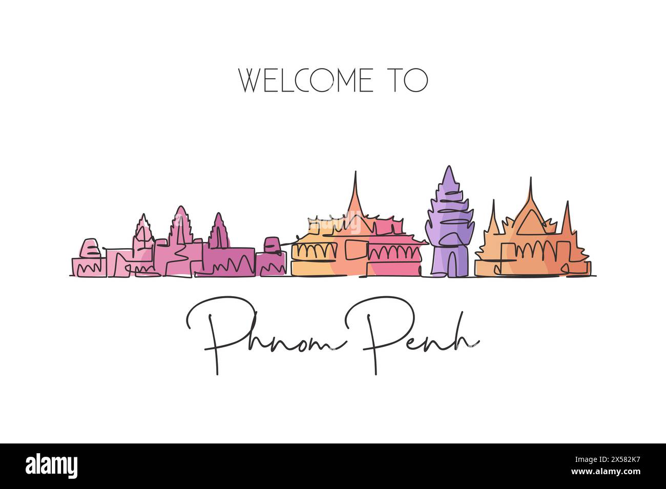 Einzelne durchgehende Linienzeichnung der Skyline von Phnom Penh, Kambodscha. Berühmte Stadtlandschaft. World Travel Concept, Wohnkultur, Wanddekor, Posterdruck. Mod Stock Vektor