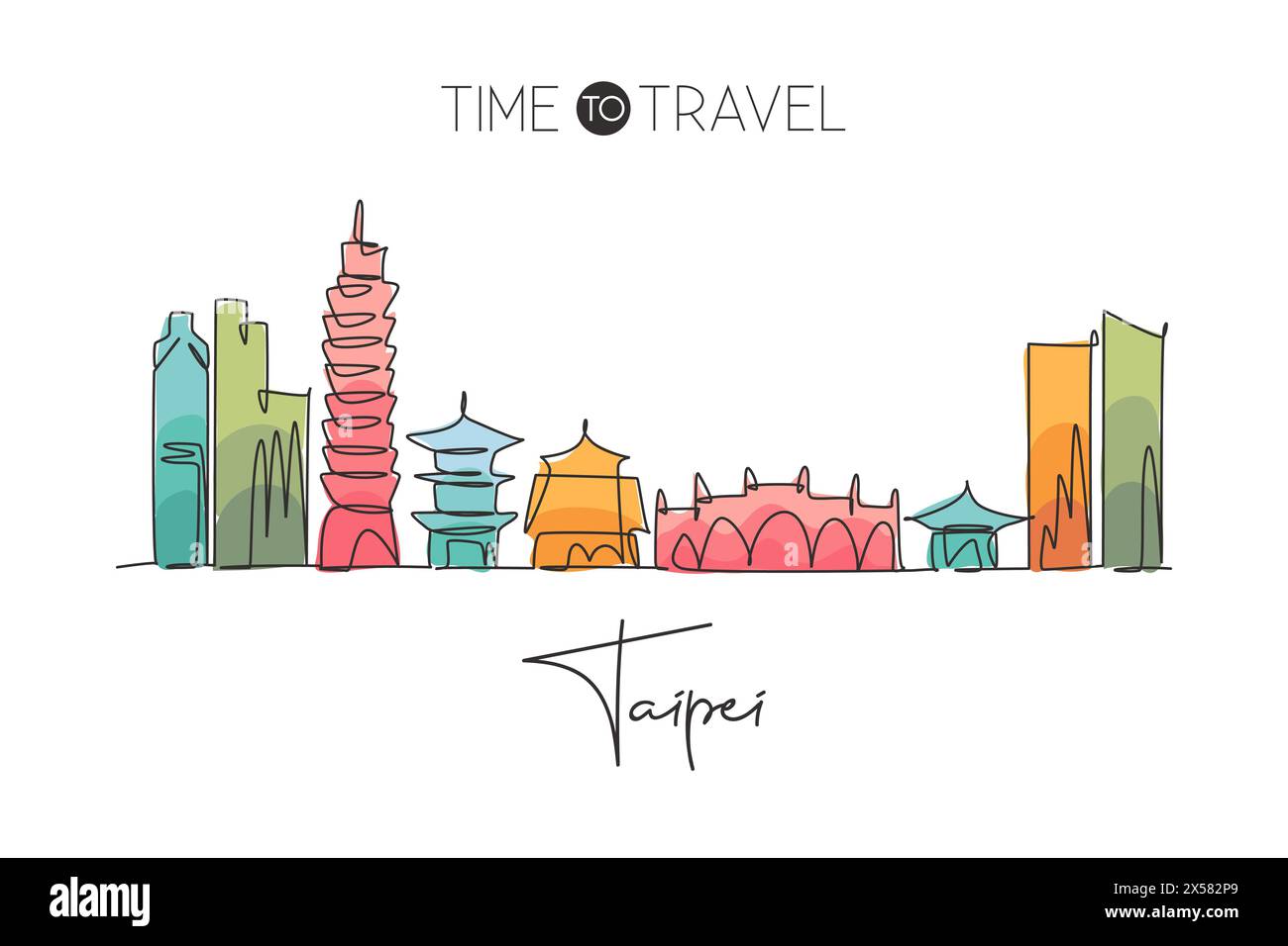 Einzelne durchgehende Linienzeichnung der Skyline von Taipeh, Taiwan. Berühmter Stadtschaber und Landhausdekoration mit Postermotiv. World Travel Containment Stock Vektor
