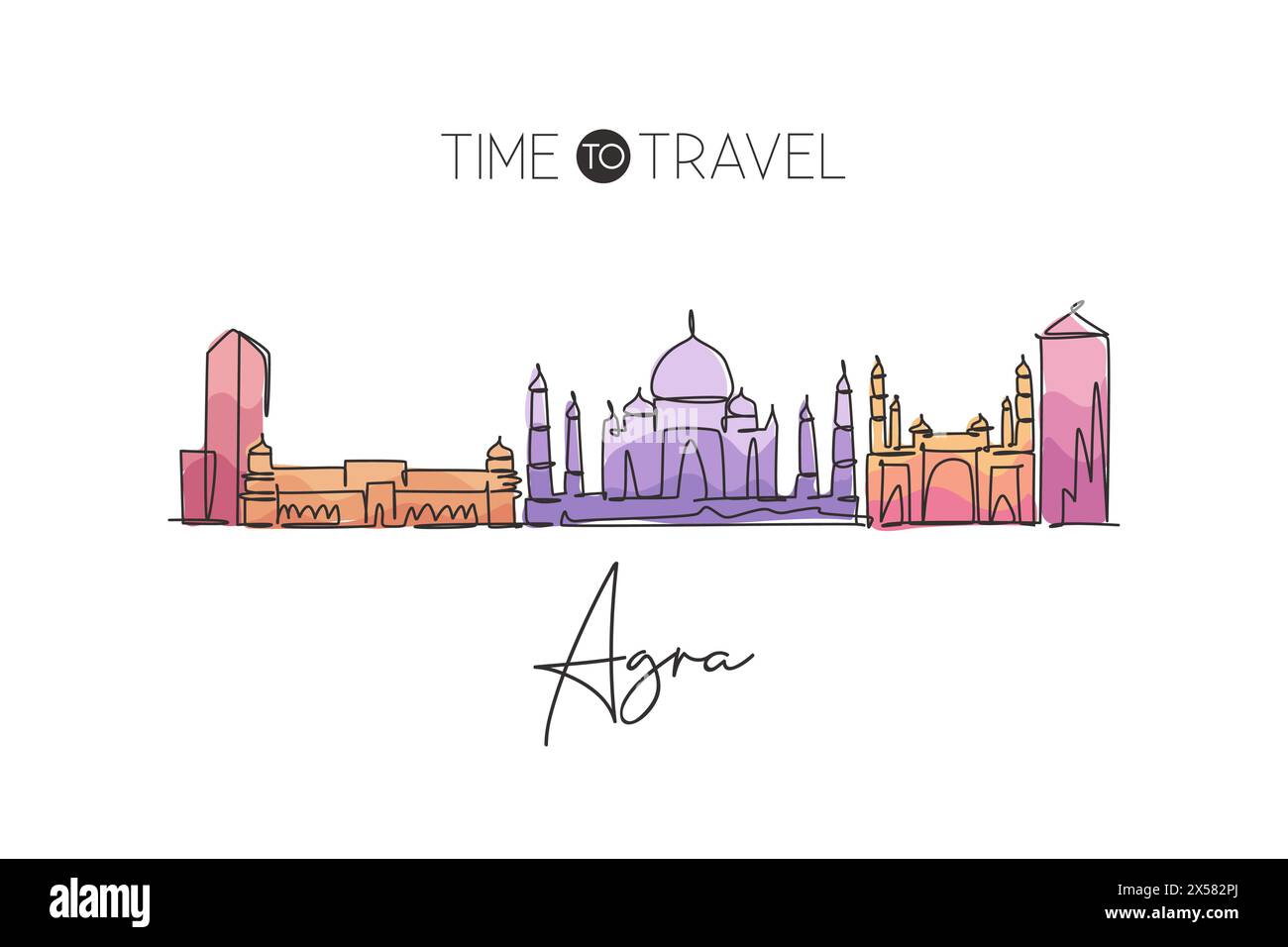Eine einzeilige Zeichnung der Skyline von Agra, Indien. Poster mit historischer Stadtlandschaft. Bestes Urlaubsziel. Editierbarer Strich trendiger Continuo Stock Vektor