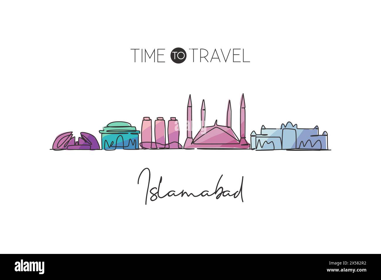 Eine einzeilige Zeichnung der Skyline der Stadt Islamabad, Pakistan. Historische Stadtlandschaft mit Postermotiv mit Wanddekor. Bestes Urlaubsziel. Trendig Stock Vektor