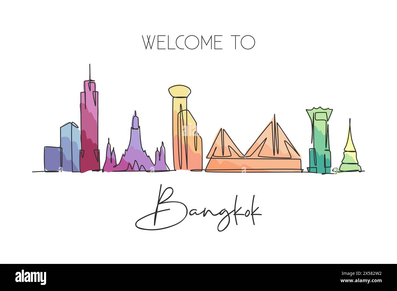 Eine durchgehende Linienzeichnung der Skyline von Bangkok, Thailand. Wunderschönes Wahrzeichen. Weltlandschaftstourismus Reise Urlaub Poster. Bearbeitbare, elegante Stk Stock Vektor