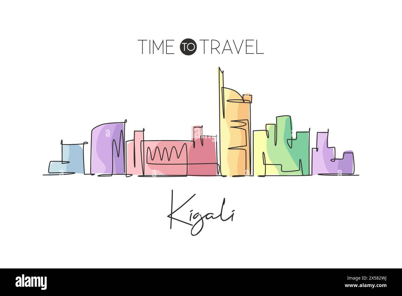 Einzelne durchgehende Linienzeichnung der Skyline der Stadt Kigali, Ruanda. Berühmte Stadt Schaber und Landschaft Haus Wanddekor Poster Print Kunst. World Travel Containment Stock Vektor