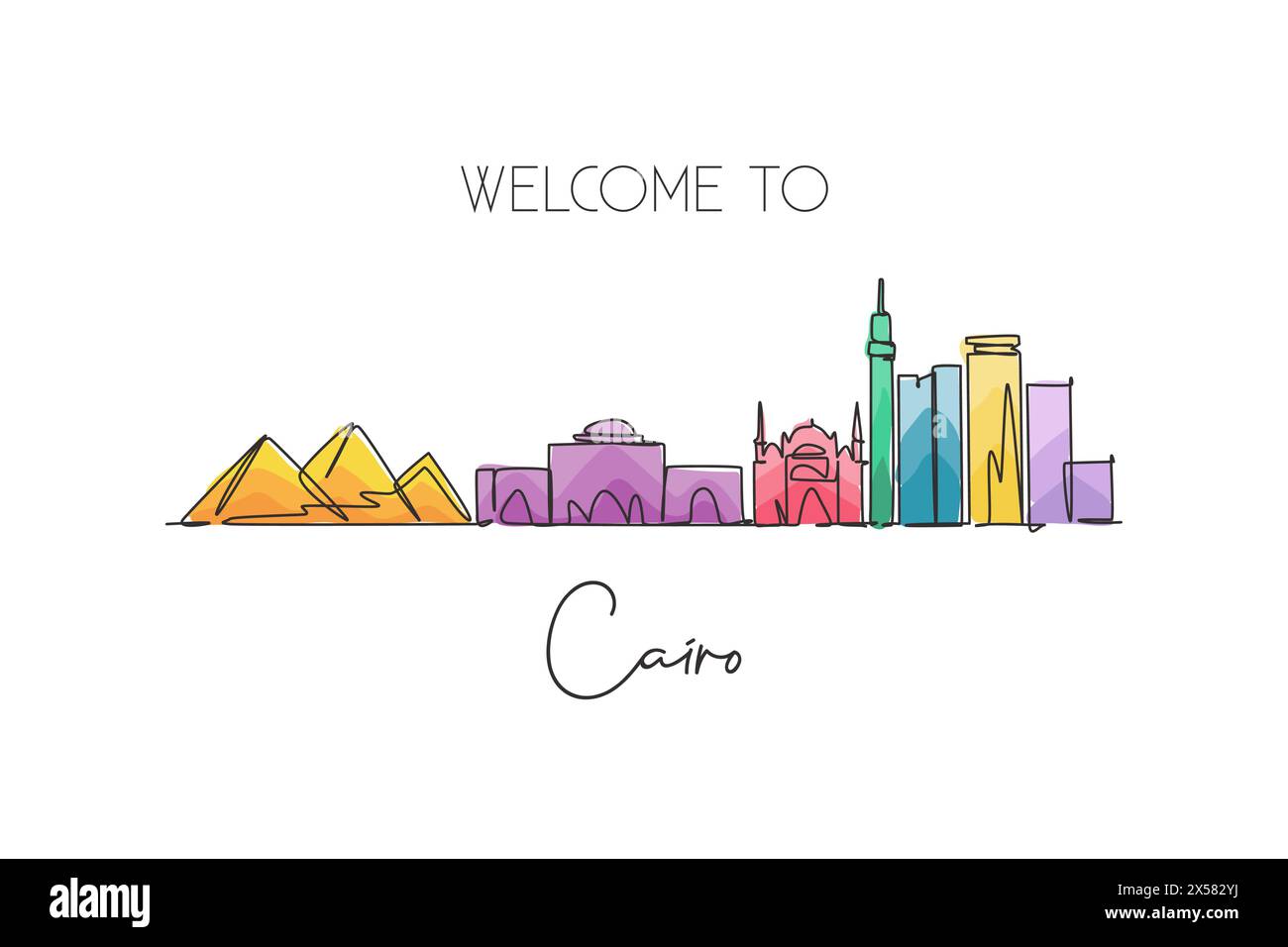 Eine durchgehende Linienzeichnung der Skyline von Kairo, Ägypten. Wunderschönes Wahrzeichen. Weltlandschaftstourismus und Reiseurlaub. Editierbarer stylischer Strich sin Stock Vektor