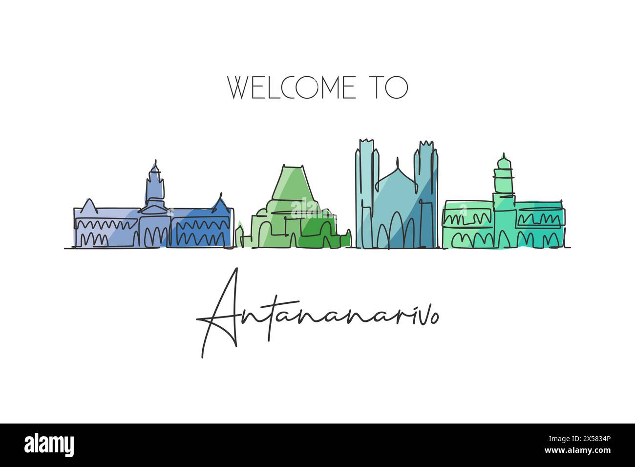 Eine durchgehende Linienzeichnung der Skyline von Antananarivo, Madagaskar. Wunderschönes Wahrzeichen der Stadt. Weltlandschaftstourismus und Reisen. Bearbeitbare, elegante Stk Stock Vektor