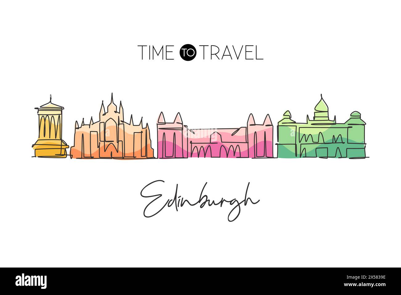 Einzelne durchgehende Linienzeichnung der Skyline von Edinburgh Schottland. Berühmte Stadt-Kratzer-Landschaft. World Travel Concept Wohnwand Dekor Posterdruck AR Stock Vektor