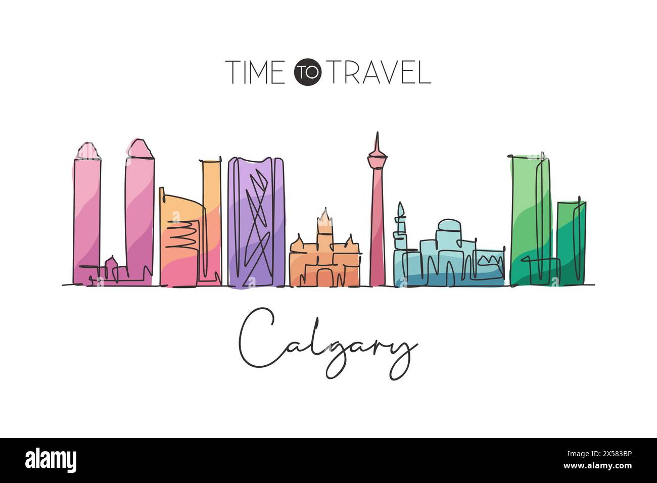 Einzelne durchgehende Linienzeichnung der Skyline von Calgary, Kanada. Berühmte Stadt Scraper Landschaft Wohnwand Dekor Poster. World Travel Destination Konzept Stock Vektor