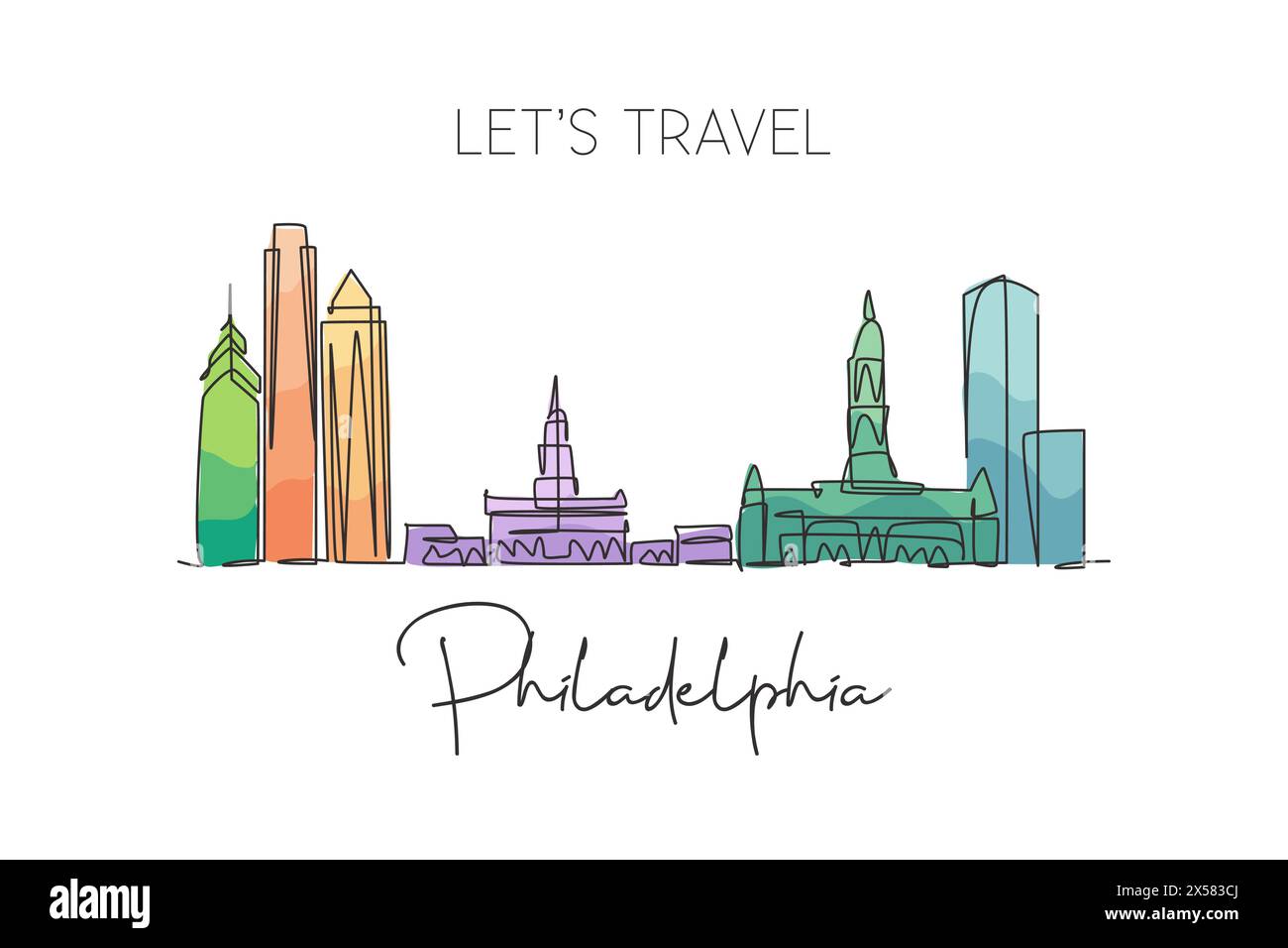 Einzelne durchgehende Linienzeichnung der Skyline von Philadelphia, Vereinigte Staaten von Amerika. Berühmte Landschaft. Weltreise-Poster-Print. Bearbeitbarer Strich Stock Vektor