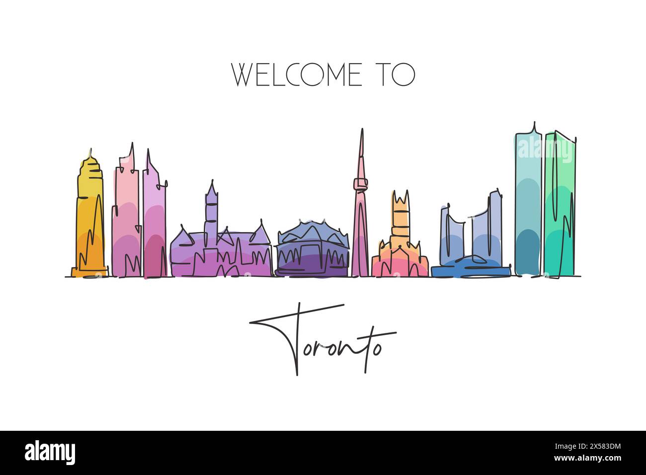 Eine durchgehende Linienzeichnung der Skyline von Toronto, Kanada. Wunderschöne Postkarte mit Wahrzeichen. Weltlandschaftstourismus Reiseurlaub. Bearbeitbare, elegante Stk Stock Vektor