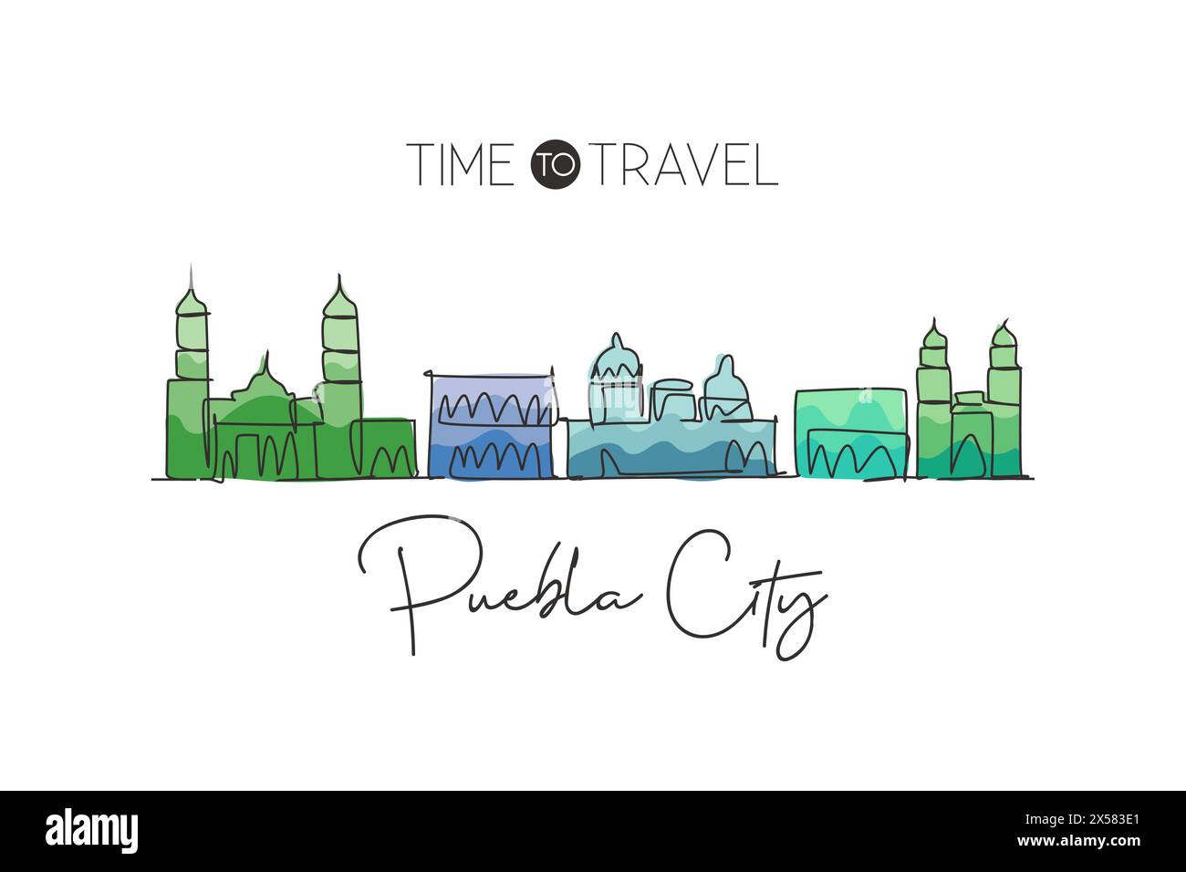 Einzelne durchgehende Linienzeichnung der Skyline von Puebla, Mexiko. Berühmte Stadt-Kratzer-Landschaft. World Travel Destination Home Wall Decor Poster Print Konzept Stock Vektor