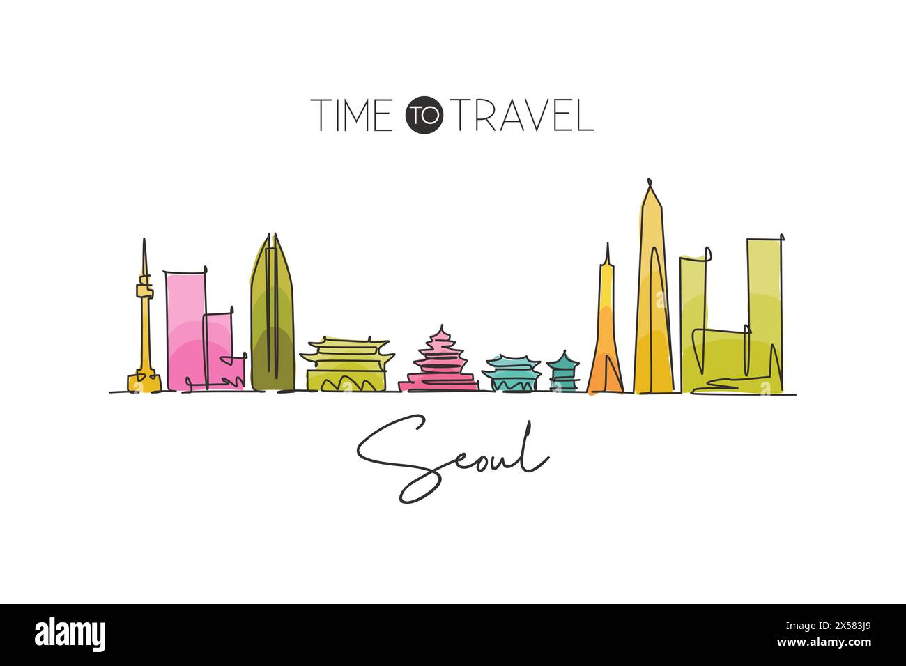 Eine durchgehende Linienzeichnung der Skyline von Seoul, Südkorea. Wunderschönes Wahrzeichen im Wohnkultur-Poster. Weltlandschaftstourismus Reiseurlaub. S Stock Vektor