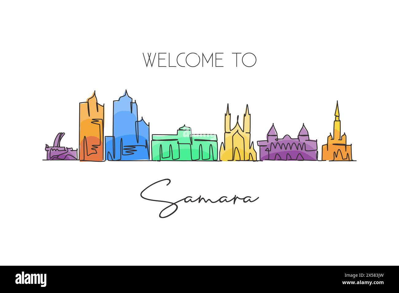 Eine einzelne Linie zeichnet die Skyline der Stadt Samara, Russland. Postkarte mit welthistorischer Stadtlandschaft. Das beste Urlaubsziel. Editierbarer Strich trendy Stock Vektor