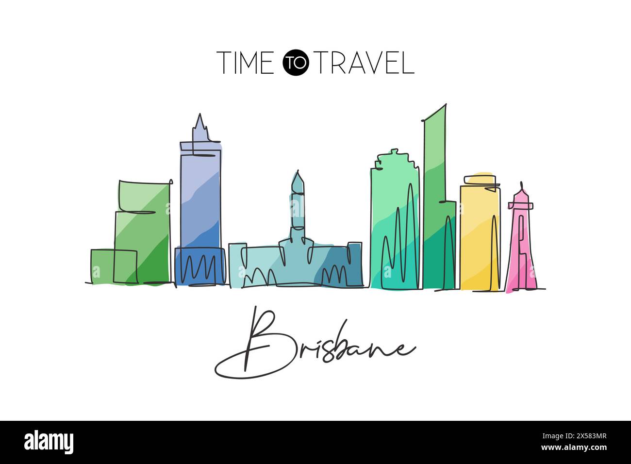 Eine durchgehende Linienzeichnung der Skyline von Brisbane, Australien. Wunderschönes Wahrzeichen. Weltlandschaftstourismus Reise Urlaub Poster. Editierbar elegant Stock Vektor