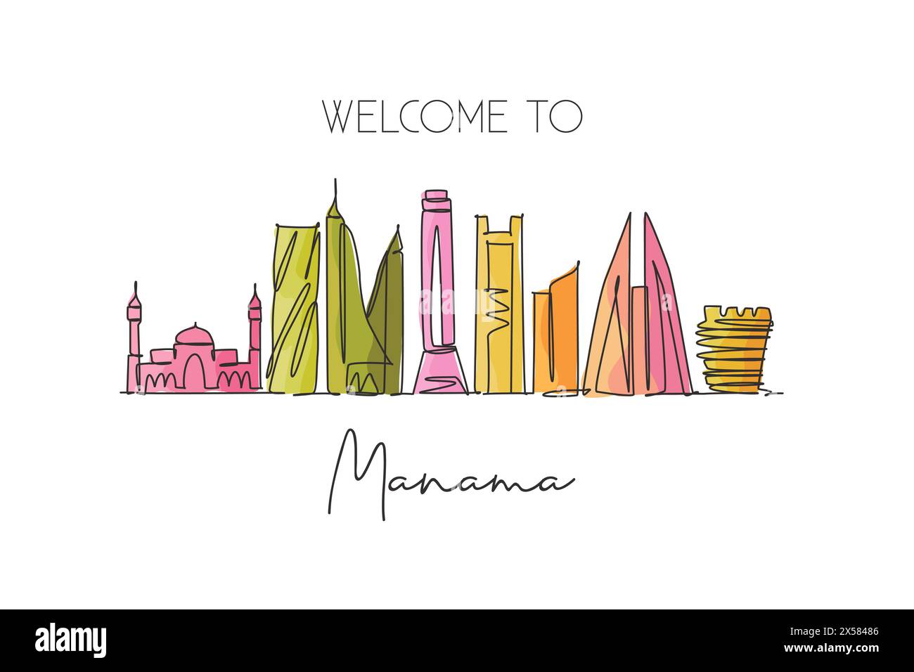 Eine durchgehende Linie zeichnet die Skyline von Manama in Bahrain. Wunderschöner Postkartendruck mit Wahrzeichen. Weltlandschaftstourismus Reiseurlaub. Editierbar elegant Stock Vektor