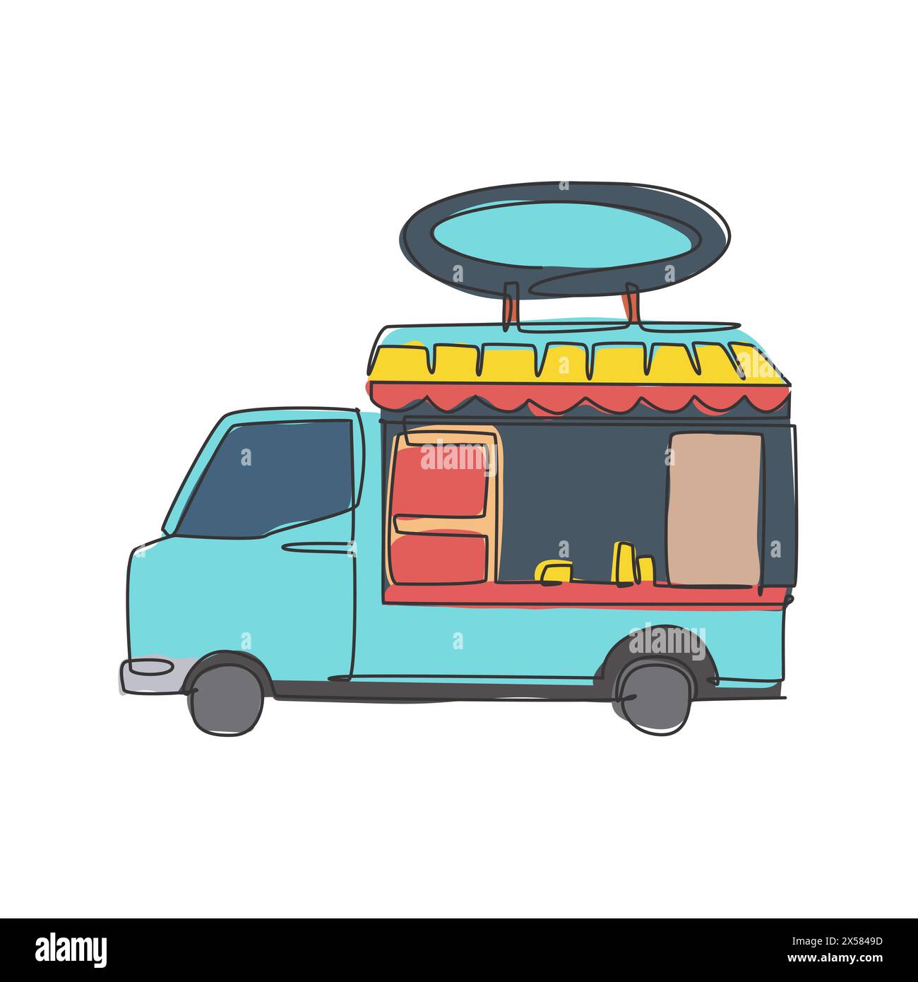 Eine einzeilige Zeichnung der trendigen Imbisswagen-Logo-Vektorgrafik-Illustration. Mobiles Fast-Food-Café-Menü und Restaurant-Badge-Konzept. Modernes Kontinuum Stock Vektor