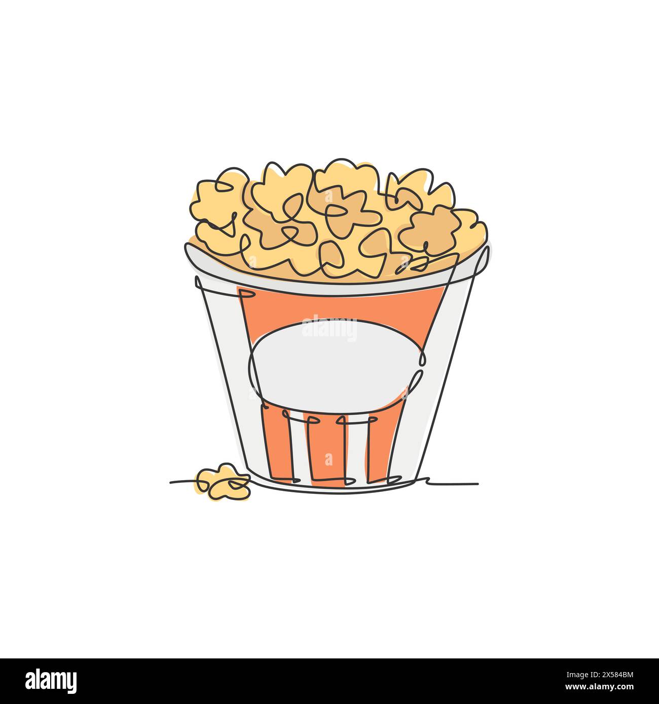 Eine einzelne Zeilenzeichnung von frischem salzigem Popcorn mit abgetrenntem Muster Papiereimer-Vektor-Grafik-Illustration. Snack zum Anschauen von Filmen. Mod Stock Vektor