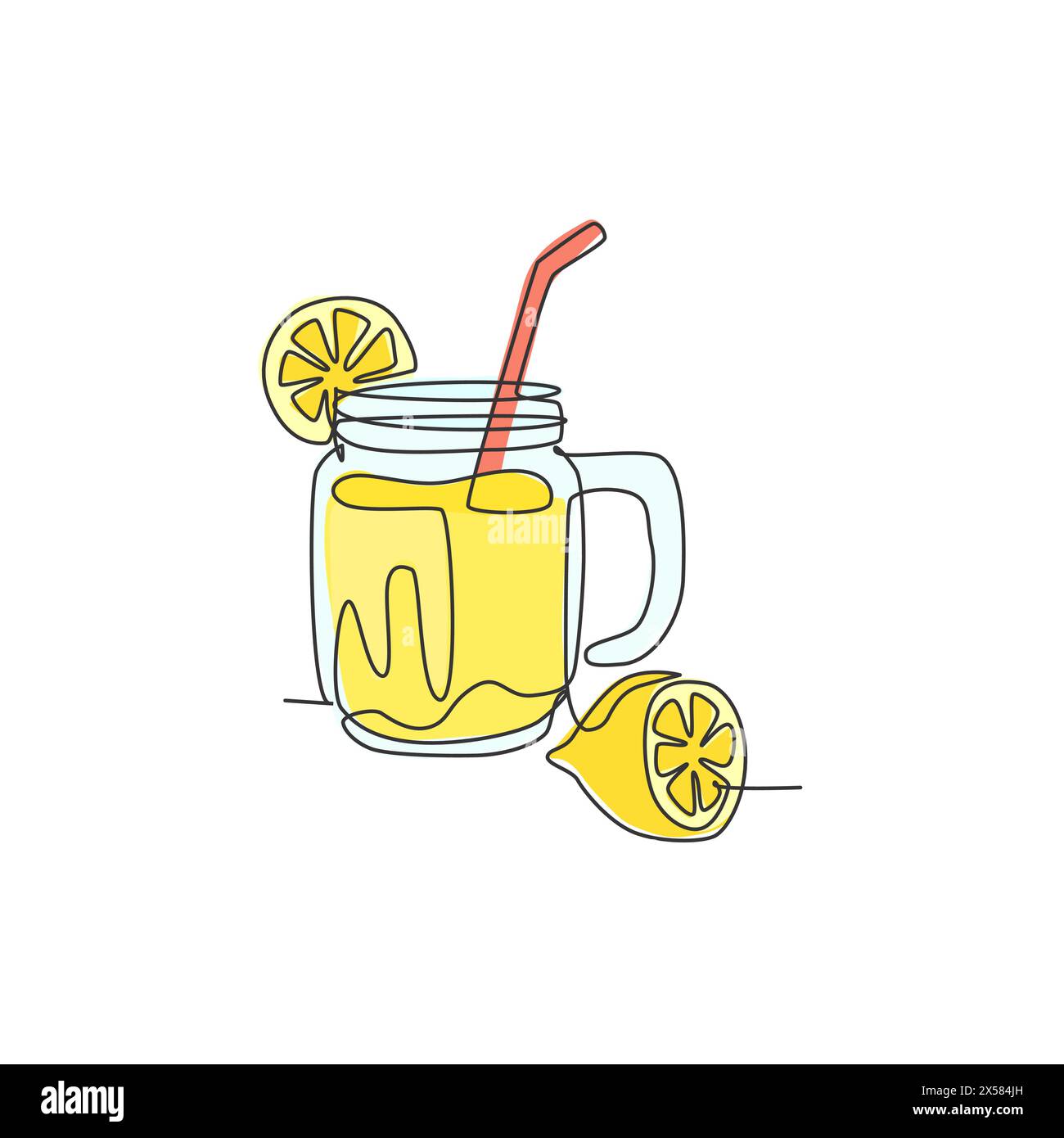 Eine einzeilige Zeichnung von frischem Limonadeneis auf Glas mit geschnittener Zitronenvektor-Illustration Grafik. Café-Menü und Restaurant-Badge-Konzept. Modus Stock Vektor