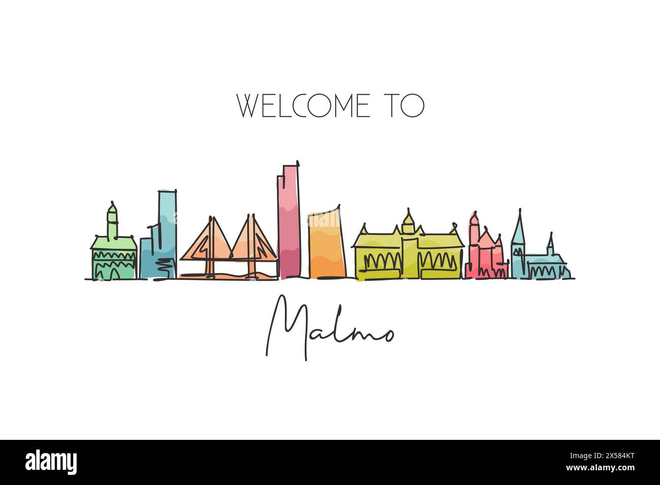 Eine durchgehende Linienzeichnung der Skyline der Stadt Malmö, Schweden. Wunderschöne Postkarte mit Wahrzeichen. Weltlandschaftstourismus und Reiseurlaub. Editierbar elegant Stock Vektor