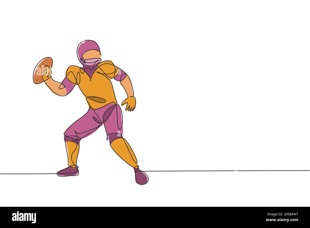Eine einzige Linienzeichnung der energischen Haltung des amerikanischen Fußballspielers, um den Ball für die nationale Liga zu werfen. Sportwettbewerb-Konzept. Moder Stock Vektor