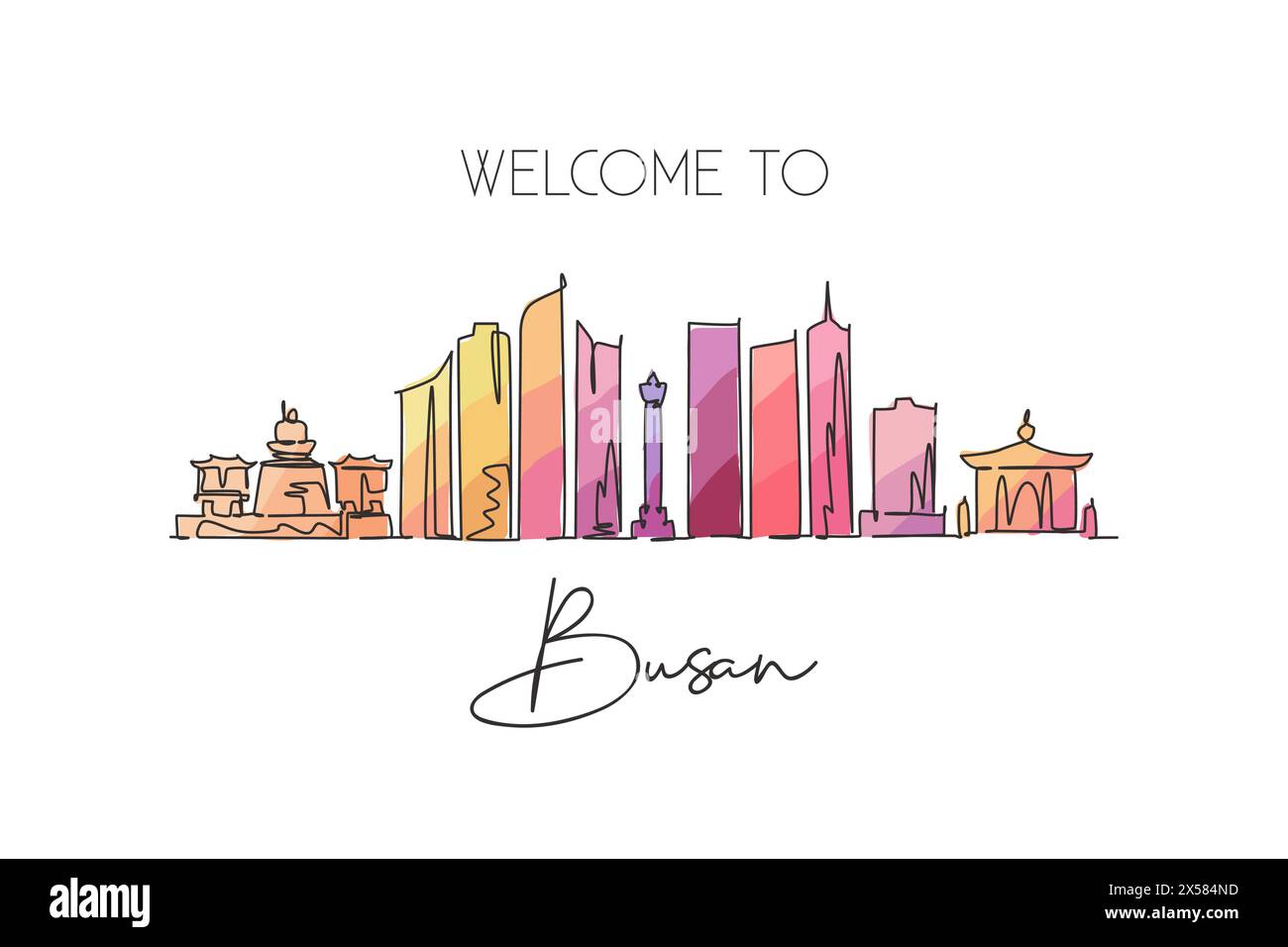 Eine einzelne Linie zeichnet die Skyline von Busan, Südkorea. Welt Stadt Landschaft Haus Dekor Poster Druck Wandkunst. Das beste Urlaubsziel. Trendig Stock Vektor