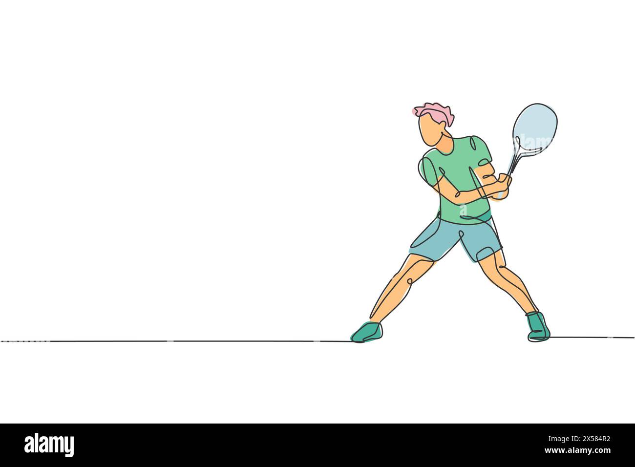 Eine einzelne Linienzeichnung des jungen energischen Tennisspielers bereitet sich darauf vor, die Ball-Vektor-Illustration zu treffen. Sporttrainingskonzept. Moderne durchgehende Linie d Stock Vektor